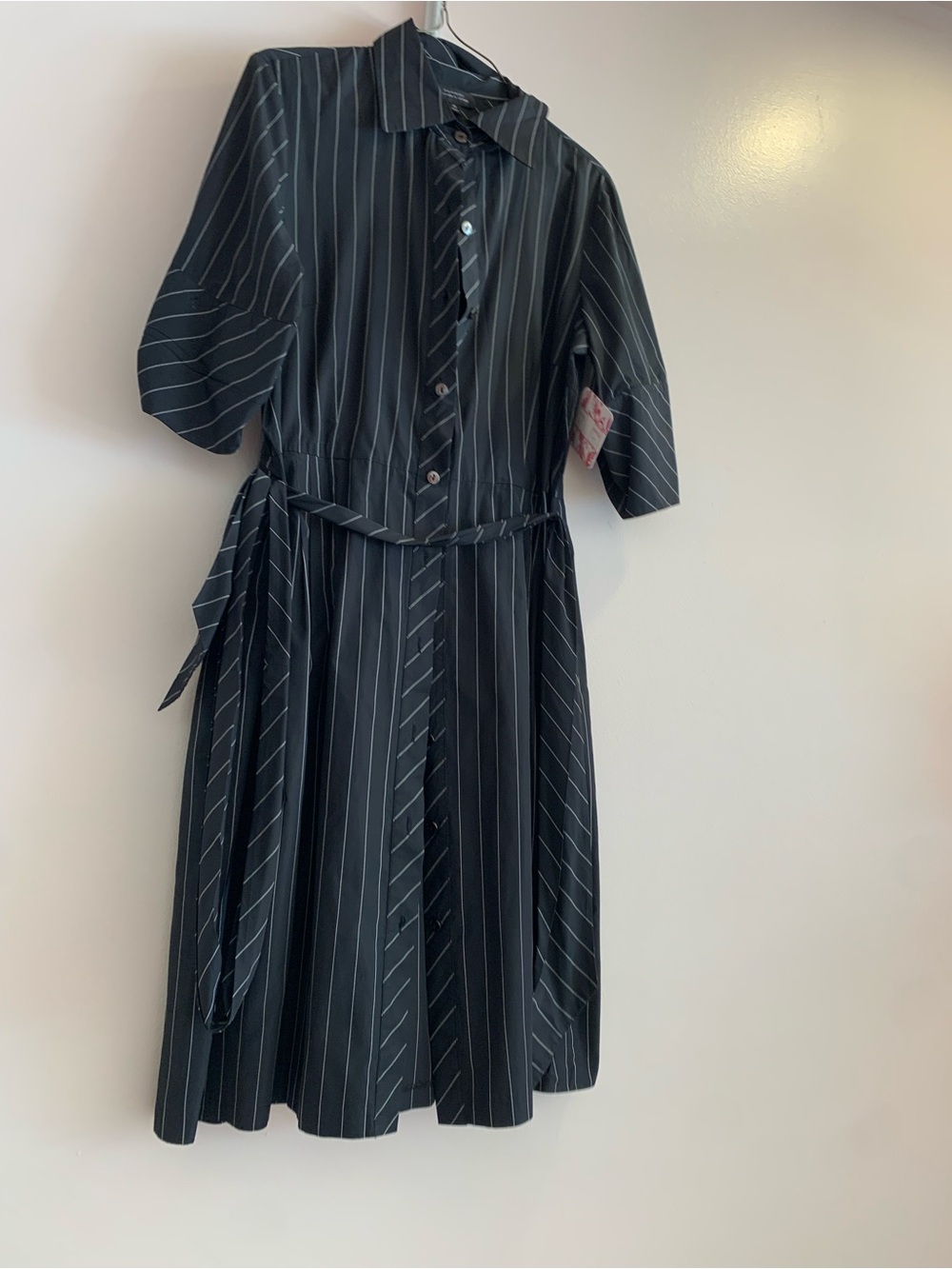 Tahari Black Pinstripe Midi Shirt Dress